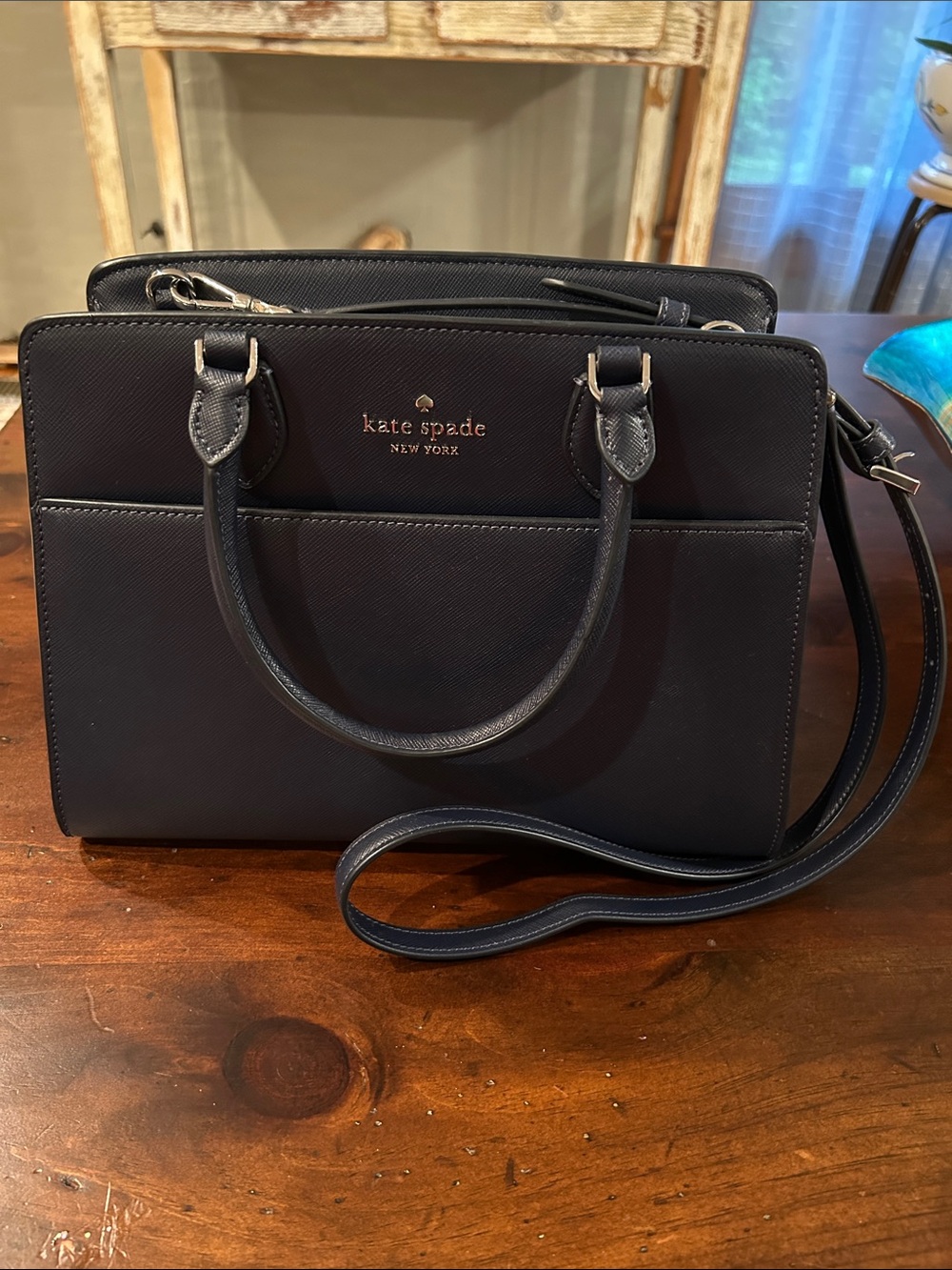 kate spade navy saffiano satchel with detachable strap and top handles
